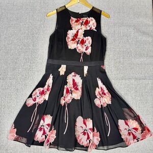 Ann Taylor‎ Sz 6 Black Pink Dress Floral Chiffon Fit Flare Fairy Ballet Cottage